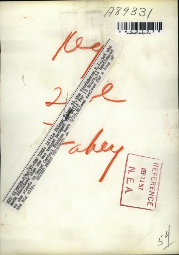 Load image into Gallery viewer, 1957 Press Photo Little Fahey bewildered for hours at the Grand Central Station
