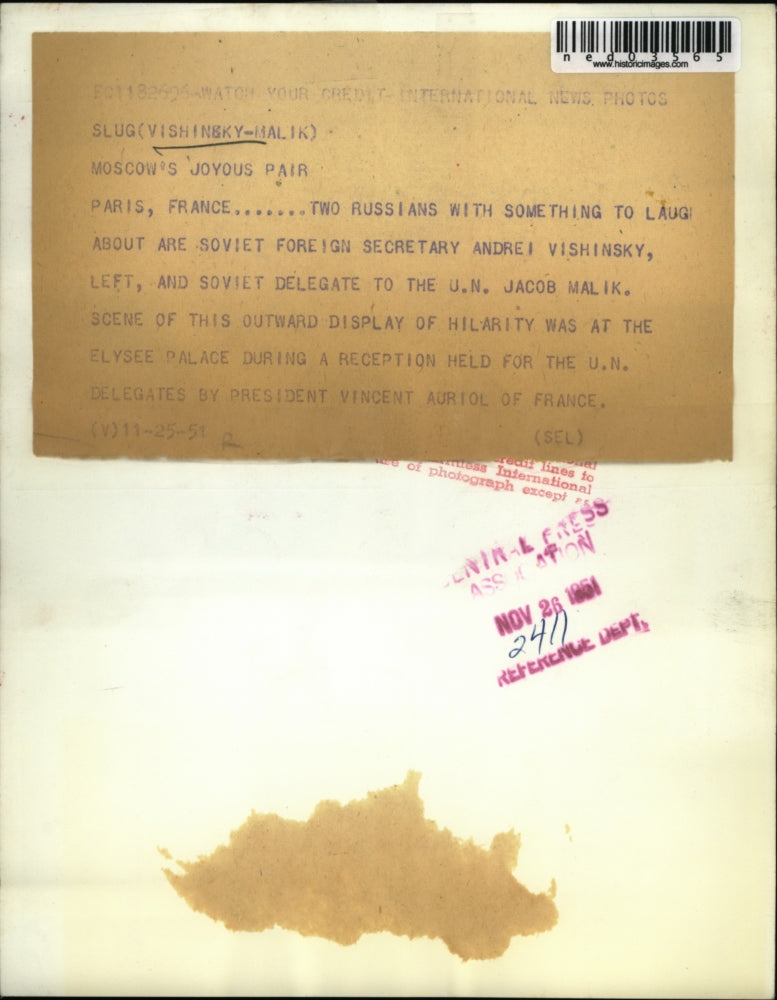 1951 Press Photo Paris France Russians Andrei Vishinsky & UN delegate J Malik