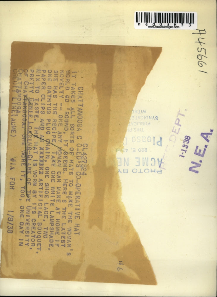 1938 Press Photo The creator of a hat with lampshade is a Genie Loaring Clark