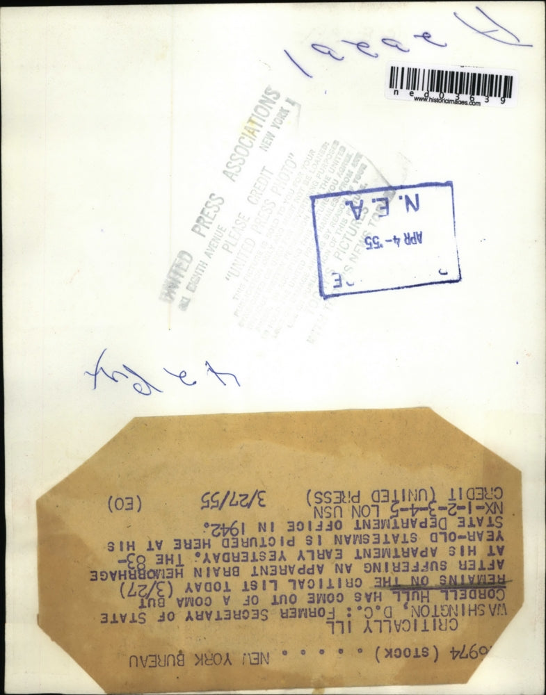 1955 Press Photo Former State Sec. Cordell Hull is out of coma in Naval Hospital