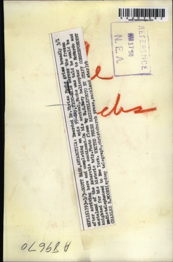 Load image into Gallery viewer, 1958 Press Photo Dr. Fuschs arrived and completing an epic 99 day expedition
