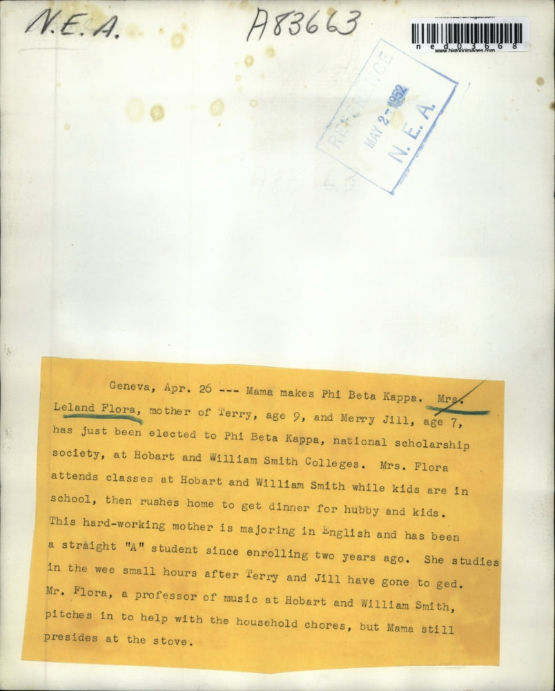 1952 Press Photo Mrs. Flora was elected to Phi Beta Kappa national scholarship