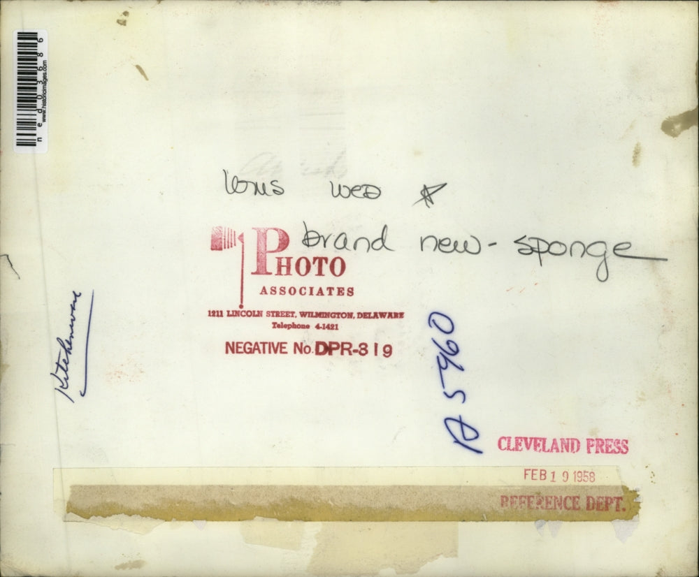 1958 Press Photo View of a brand new scrubbing sponge cleaning a pan