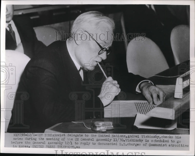 Load image into Gallery viewer, 1953 Press Photo Soviet Foreign Minister Andrei Vishinsky at UN in NY
