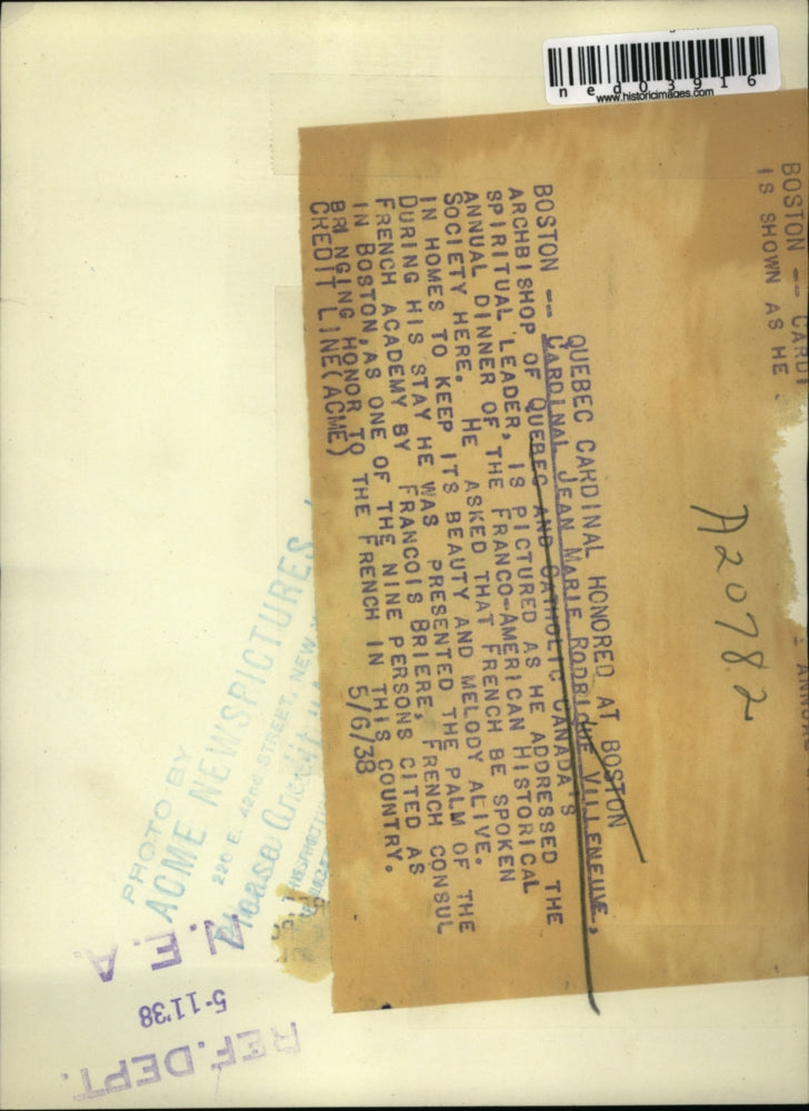 1938 Press Photo Boston Cardinal Jean Marie R Villeneuve of Quebec