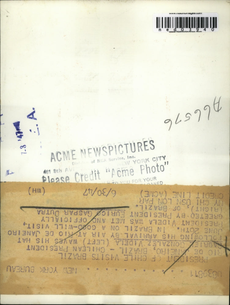 1947 Press Photo Rio De Janiero Brazil, Chile Pres GG Videla & Brazil Pres Dutra