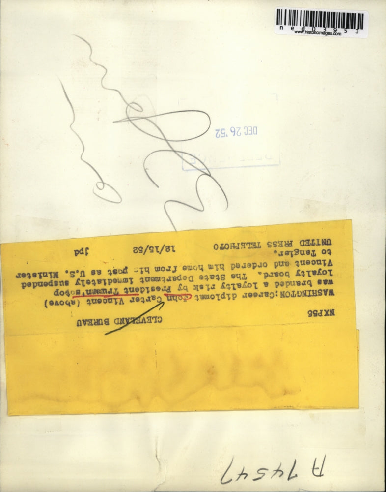 1952 Press Photo Wash DC Diplomat John Carter Vincent loyalty risk