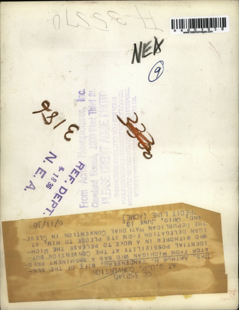 1936 Press Photo Mrs Arthur Vandenberg wife of Mich. Senator at convention