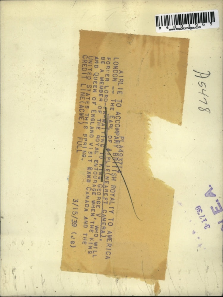 1939 Press Photo London Earl of Arlie will accompany King & Queen