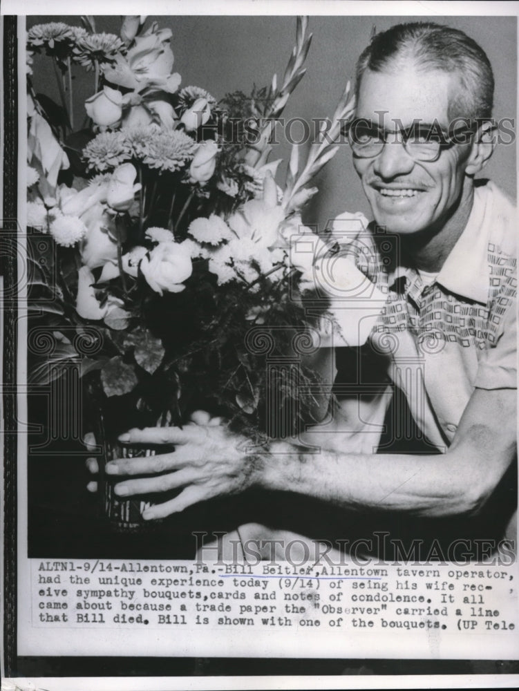 1954 Press Photo Allentown Pa Bill Beitler & flowers from his own funeral