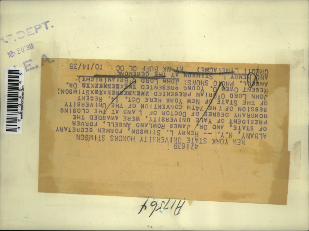 1938 Press Photo John Lord O'Brian and Henry L. Stimson in ceremony at N.Y. Univ