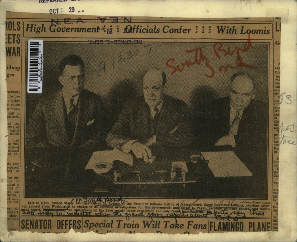 1929 Press Photo Attorney Oliver Loomis Oscar Raymond & Oliver Pagan