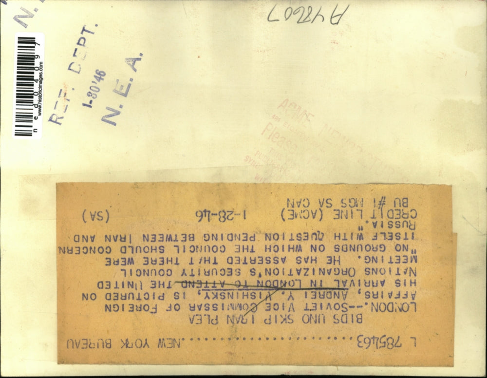 1946 Press Photo Soviet Vice Commissar of Foreign Affairs Andrei Y Vishinsky