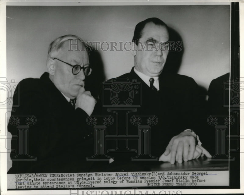 Load image into Gallery viewer, 1953 Press Photo Soviet Minister Andrei Vishinsky &amp; Ambassador Georgei Zarubin
