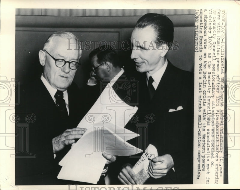 Load image into Gallery viewer, 1948 Press Photo Soviet delegate Andrei Vischinsky &amp; Press Yiri Dashcovich
