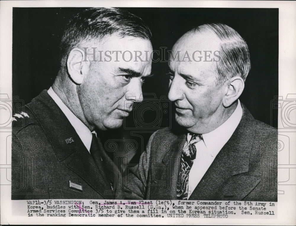 Press Photo Gen James Van Fleat and Sen Richard Russell at the army Committee