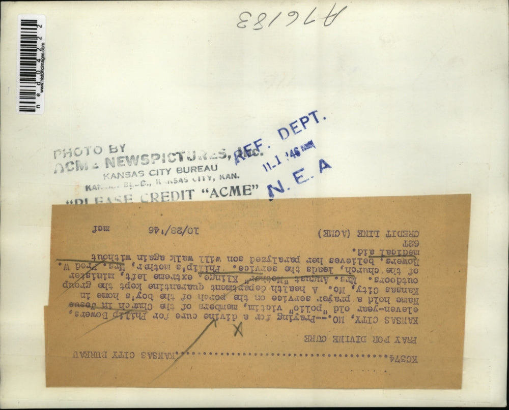 1946 Press Photo Kansas City Mo Polio vic Phillip Bpwers prayer service for cure