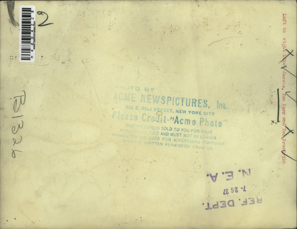 1937 Press Photo Mike Jacobs, Tom Farr & Ted Broairibb