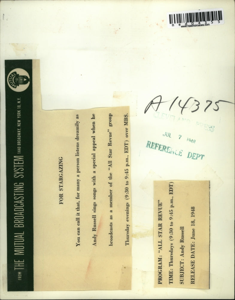 1948 Press Photo Andy Russell for All Star Revue on Mutal broadcasting