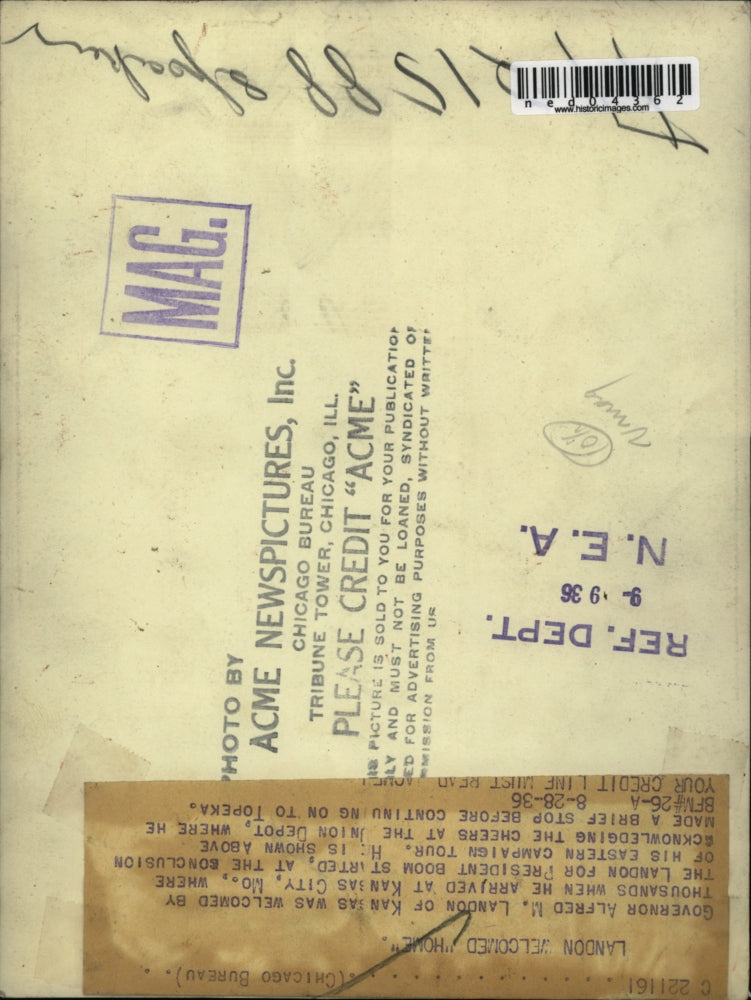 1936 Press Photo Gov Alfred Landon of Kan on campaign tour