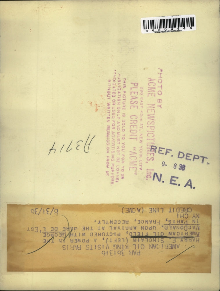 1936 Press Photo U.S. oil men Harry Sinclair, George MacDonald visit Paris