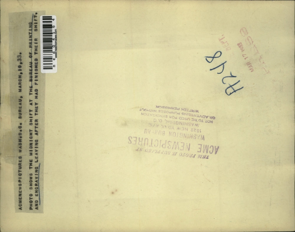 1933 Press Photo The Bureau of Printing and Engraving Night shift employees