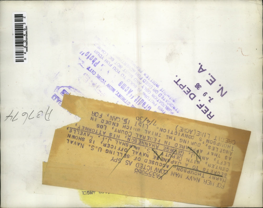 1936 Press Photo Harry Thompson , sold Navy secrets to Japan, Marshalls Lavelle