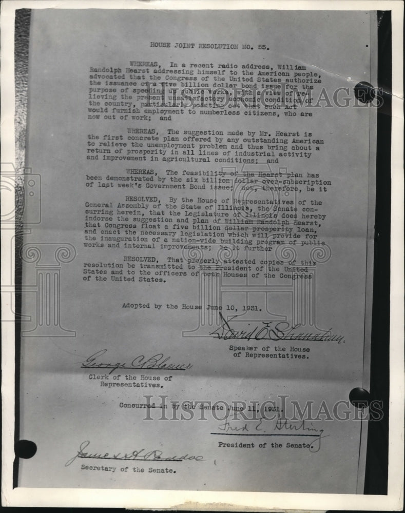 1931 Press Photo Illinois House Joint Resolution Number 55 Passed Unanimously