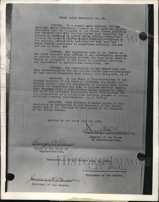 1931 Press Photo Illinois House Joint Resolution Number 55 Passed Unanimously