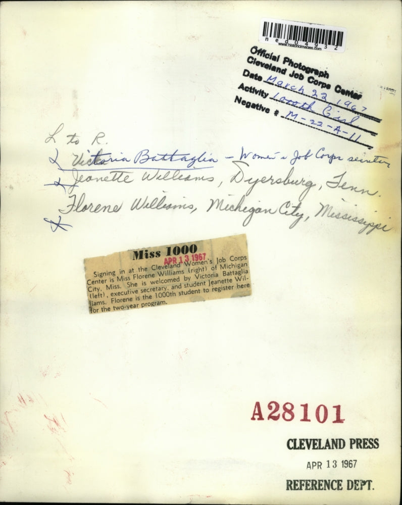 1967 Media Photo Ms. Williams signing in the Cleveland Women's Job Corps center