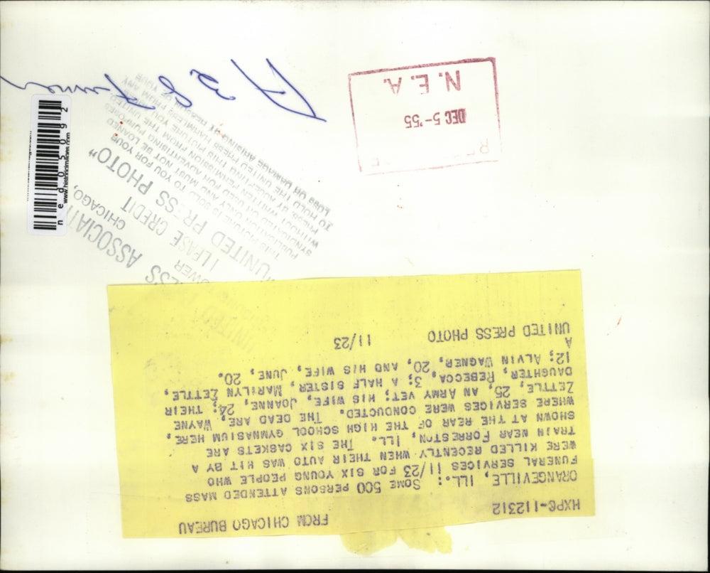 1955 Press Photo Orangevill Ill funeral of 5 killed in auto-train crash