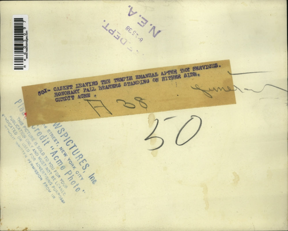 1938 Press Photo Funeral at Temple Emanual with pallbearers