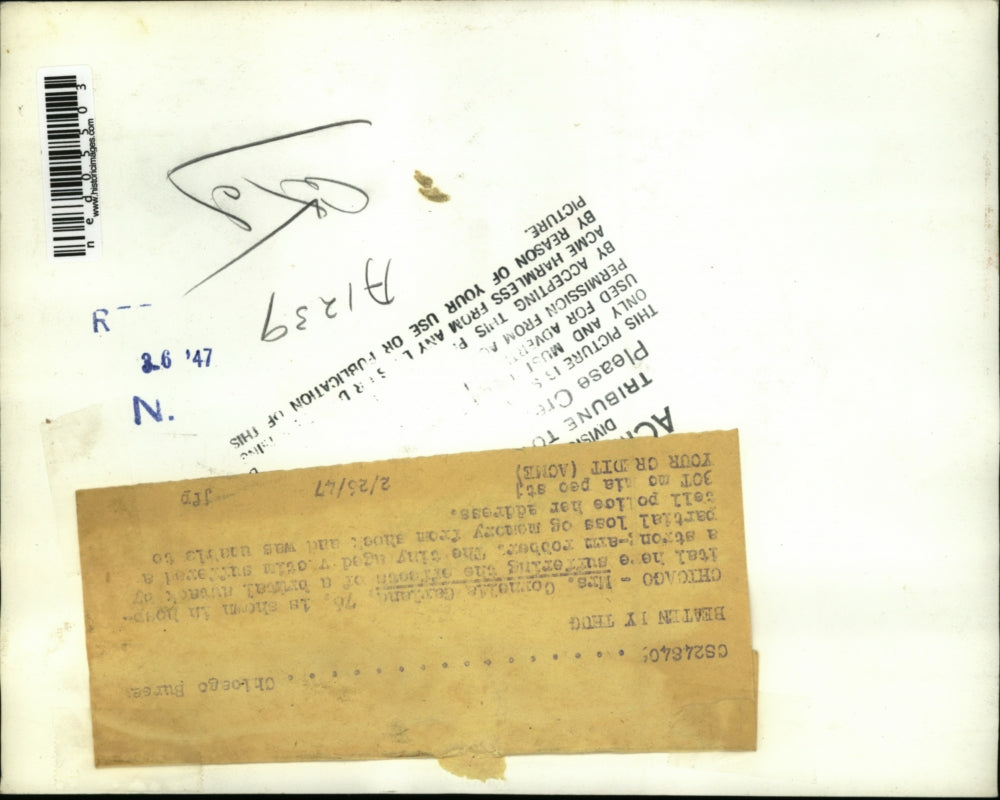 1947 Press Photo The old Mrs. Garland was hospitalized due to a robber attack