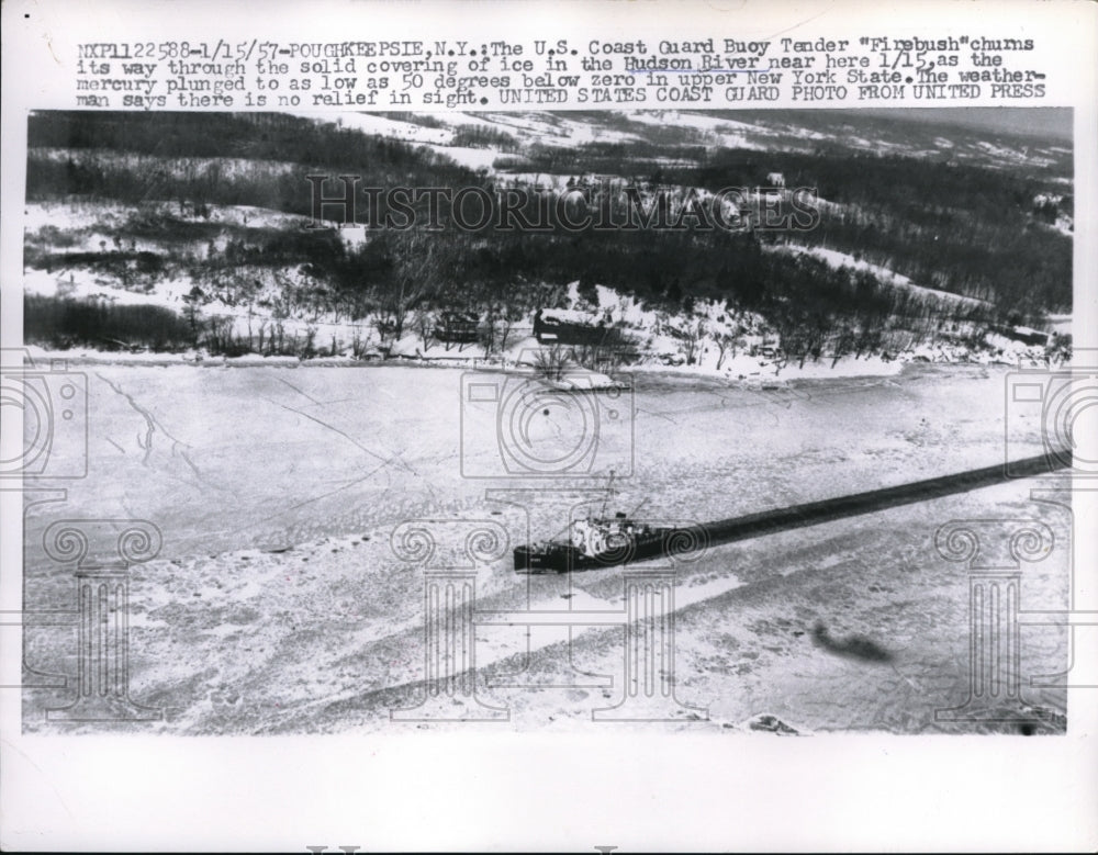 1957 Press Photo US Coast Guard Buoy Tender Firebush on Ice in Hudson River