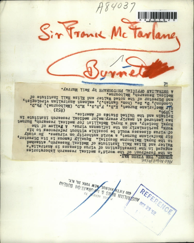 1952 Media Photo Sir Macfarlane Burnet, M.D.Studies Viruses