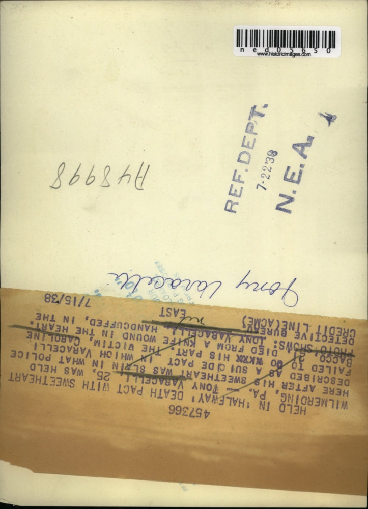 1938 Press Photo Tony Varacelli Held in Halfway Death Pact of Caroline Bacco