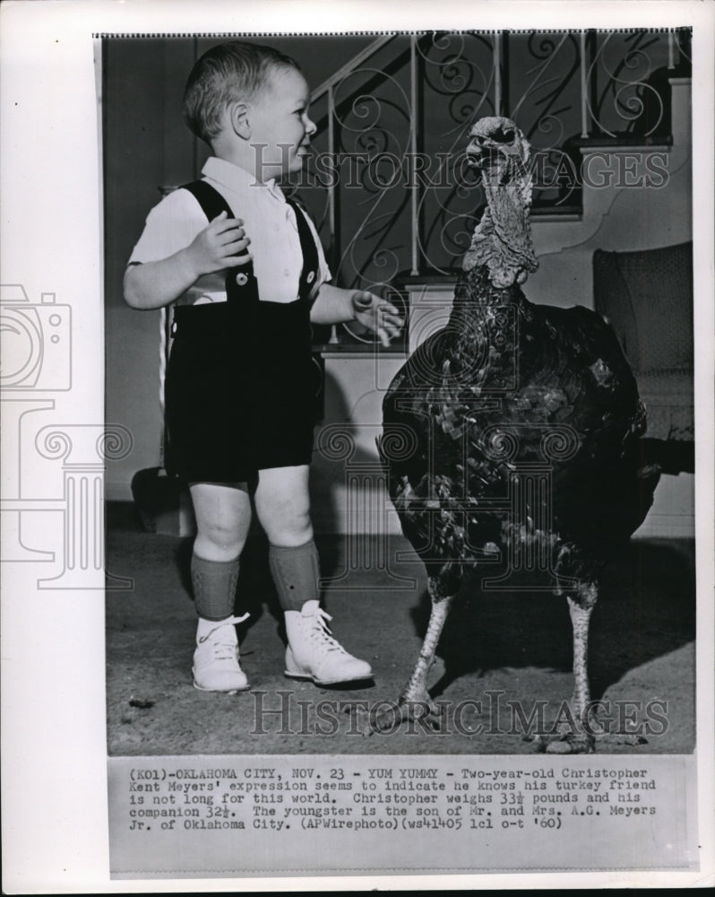 Load image into Gallery viewer, 1960 Media Photo Christopher Kent Meyers at Age Two with a Turkey
