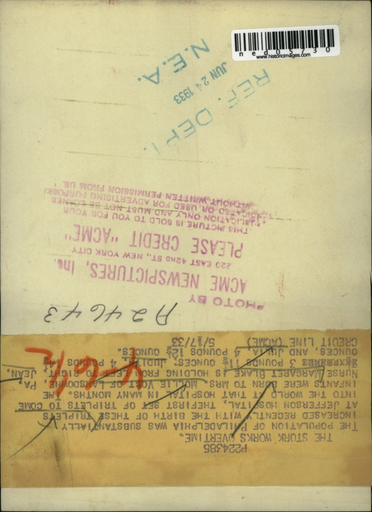 1933 Press Photo First triplets born in Jefferson Hospital were held by M. Blake