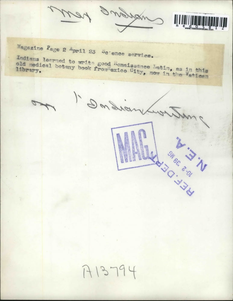 1939 Media Photo Indian writing of old Medical botany book from Mexico City.