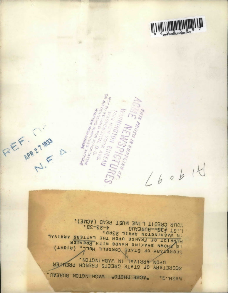 1933 Media Photo State Sec Cordell Hull with Premier Herriot of France