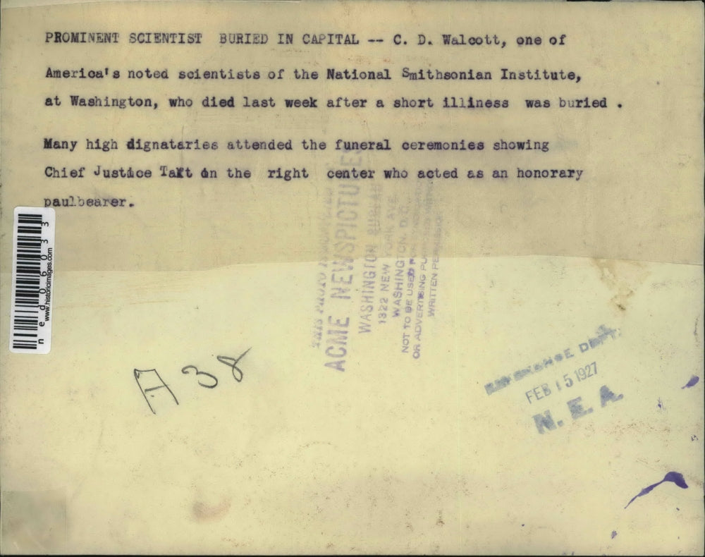 1927 Press Photo Funeral of scientist CD Walcott in Wash DC