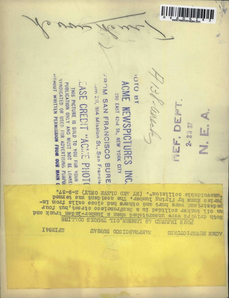 1937 Press Photo San Francisco a lumber & an oil truck collide