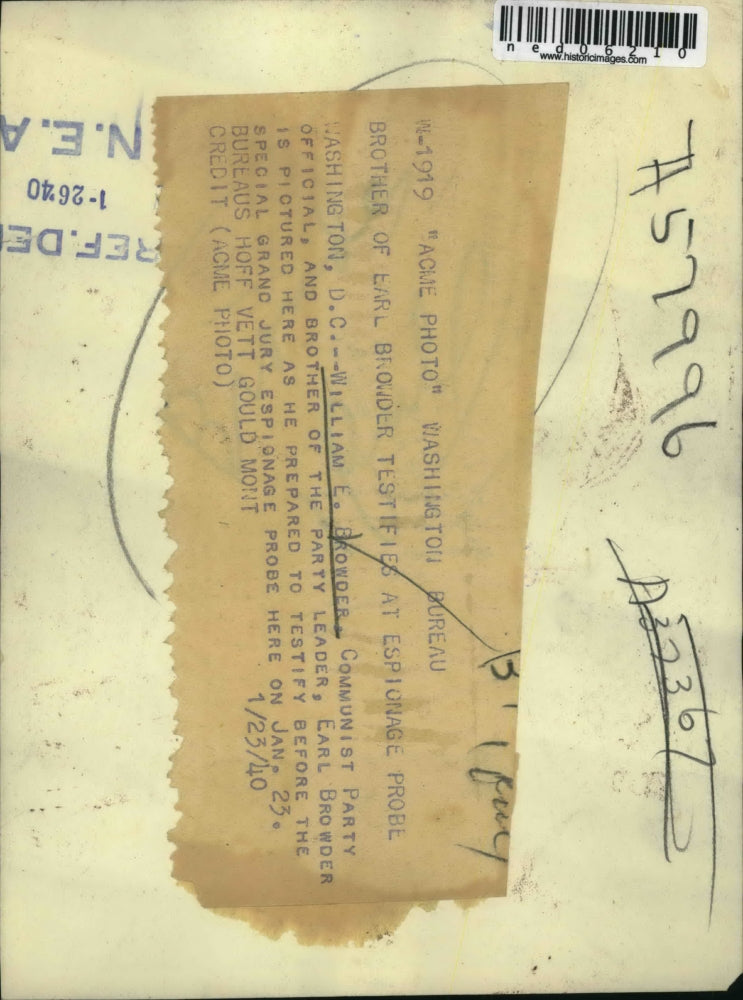 1940 Press Photo William C Browder Communist Party Official