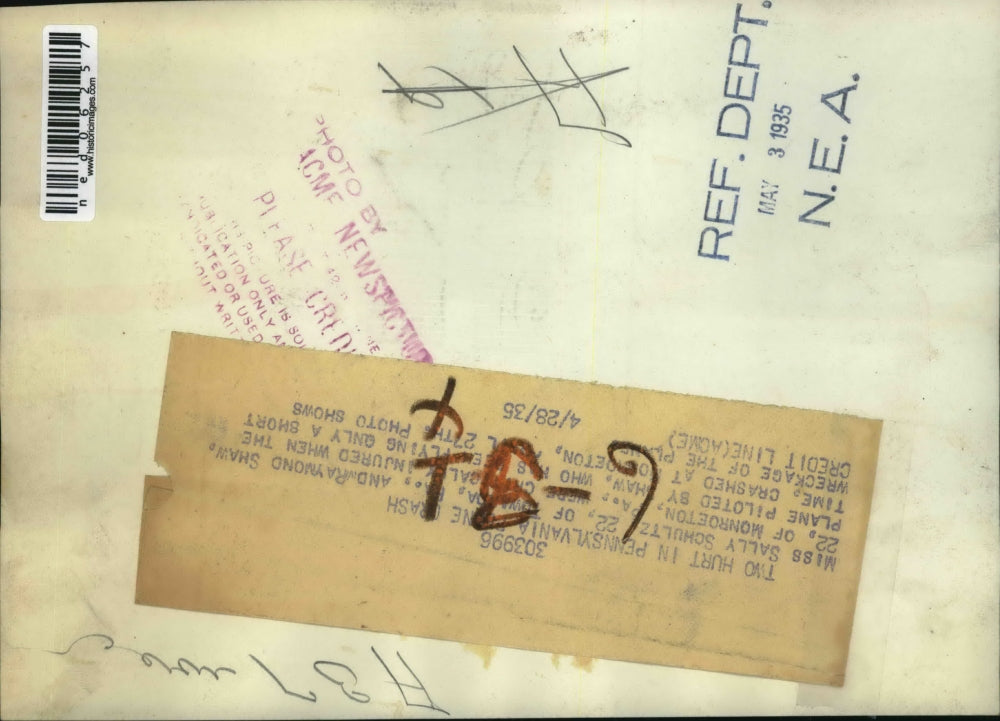 1935 Press Photo Sally Schultz, Ray Shaw plane crash in Pa