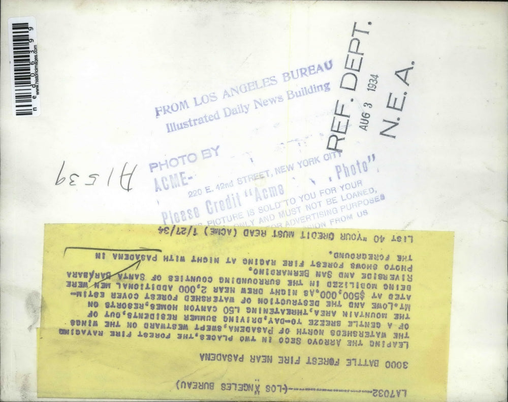 1934 Press Photo Pasadena California Forest Fire - ned06399