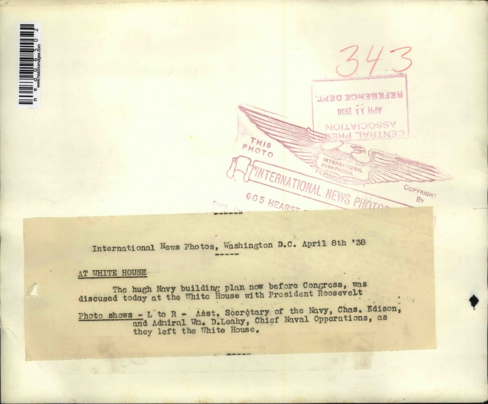 1938 Media Photo Asst Sec of Navy Chas Edison & Adm Wm Leahy at White House