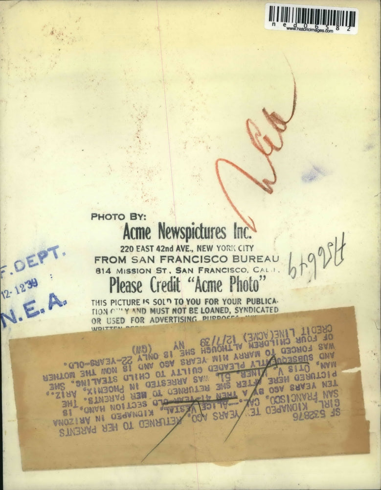 1939 Press Photo Alice Vestal, kidnapped in Arizona returned to her parents.