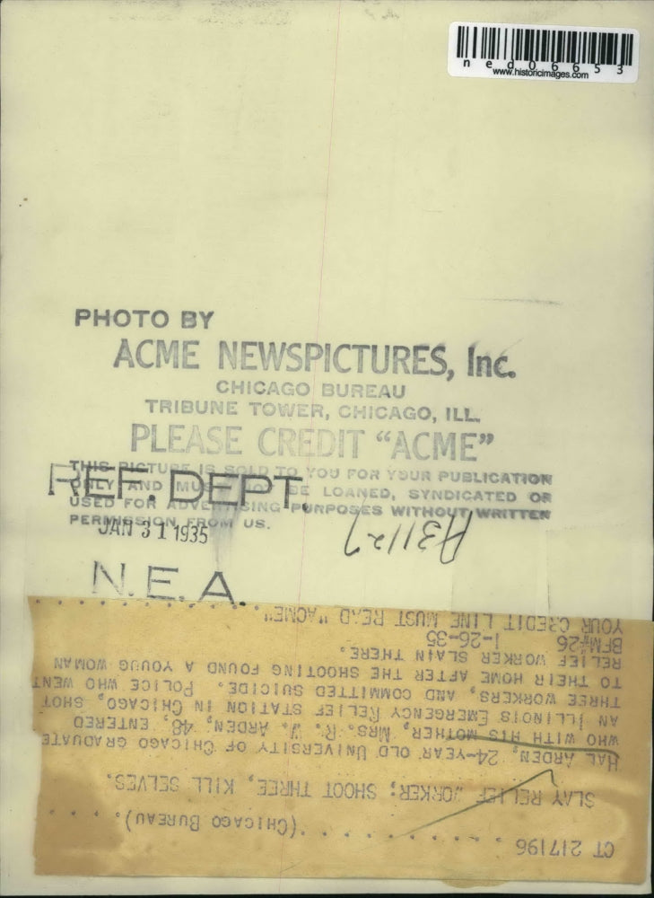 Load image into Gallery viewer, 1935 Media Photo Hal Arden of Chicago shot three relief workers and suicide
