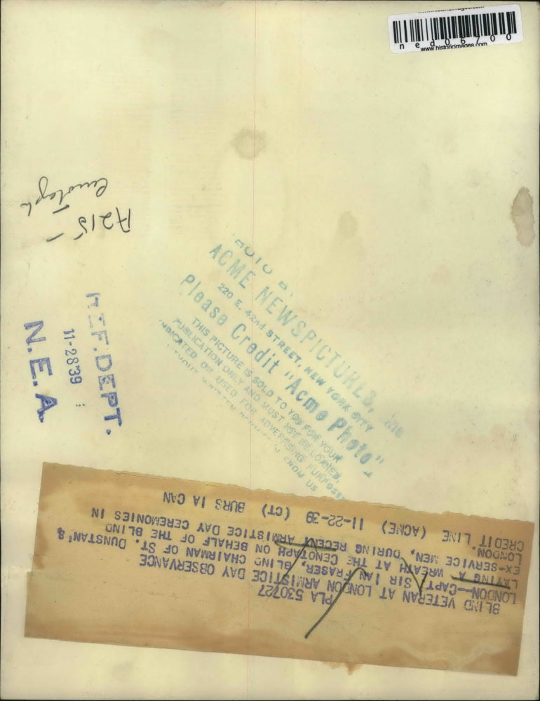 1939 Media Photo Capt. Sir Ian Fraser Blind veteran of London Armistice Day