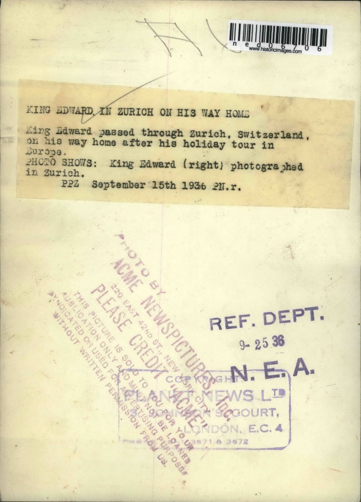 1936 Press Photo King Edward pass through Zurich on his way home